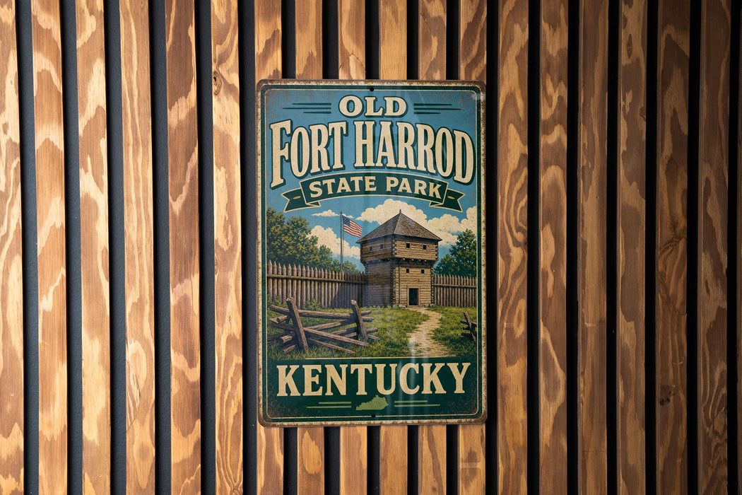 A vintage-style metal sign for Old Fort Harrod State Park in Kentucky, featuring a wooden fence and a tower, mounted on a wooden wall.