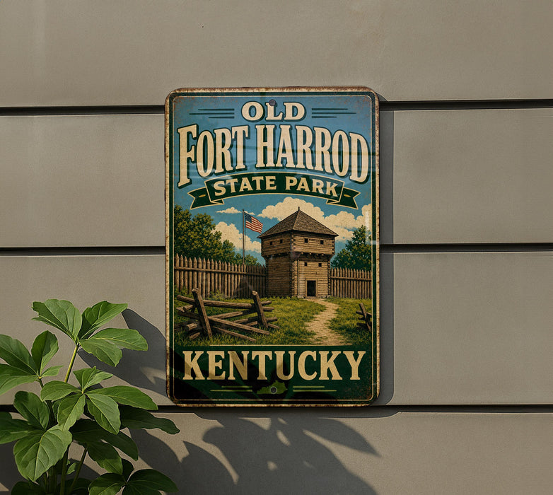 A vintage-style sign for Old Fort Harrod State Park in Kentucky, featuring a wooden fort and a path leading to the entrance.