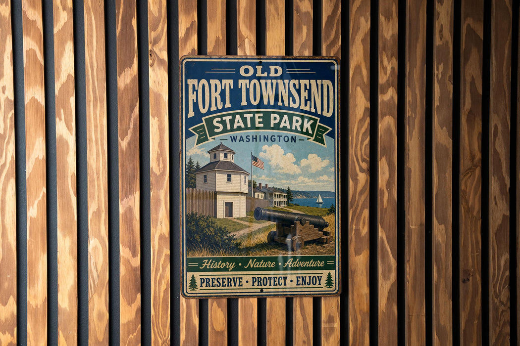 A vintage-style metal sign for Fort Townsend State Park in Washington, featuring a white building with a clock tower and a cannon, mounted on a wooden wall.