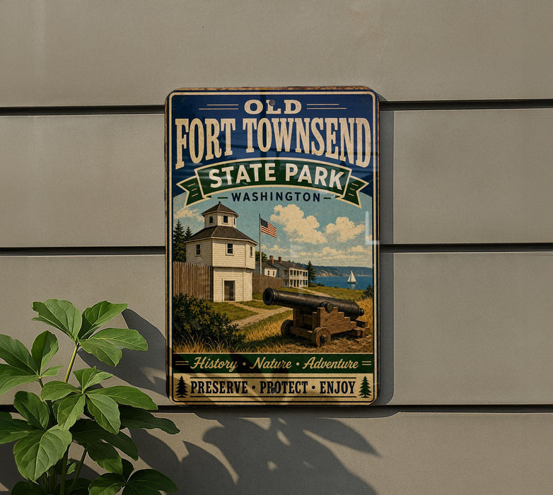 A vintage-style metal sign for Fort Townsend State Park in Washington, featuring a white building with a tower, a cannon, and a sailboat in the background.