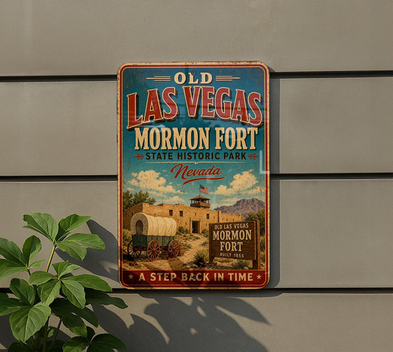 A vintage-style sign for Old Las Vegas Mormon Fort, featuring a wagon and a desert landscape, mounted on a wall.