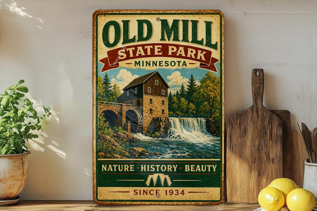 a vintage-style sign for Old Mill State Park in Minnesota, with a scenic illustration of a waterfall and a wooden building. The sign is displayed on a shelf next to a potted plant and a wooden cutting board, along with some lemons.