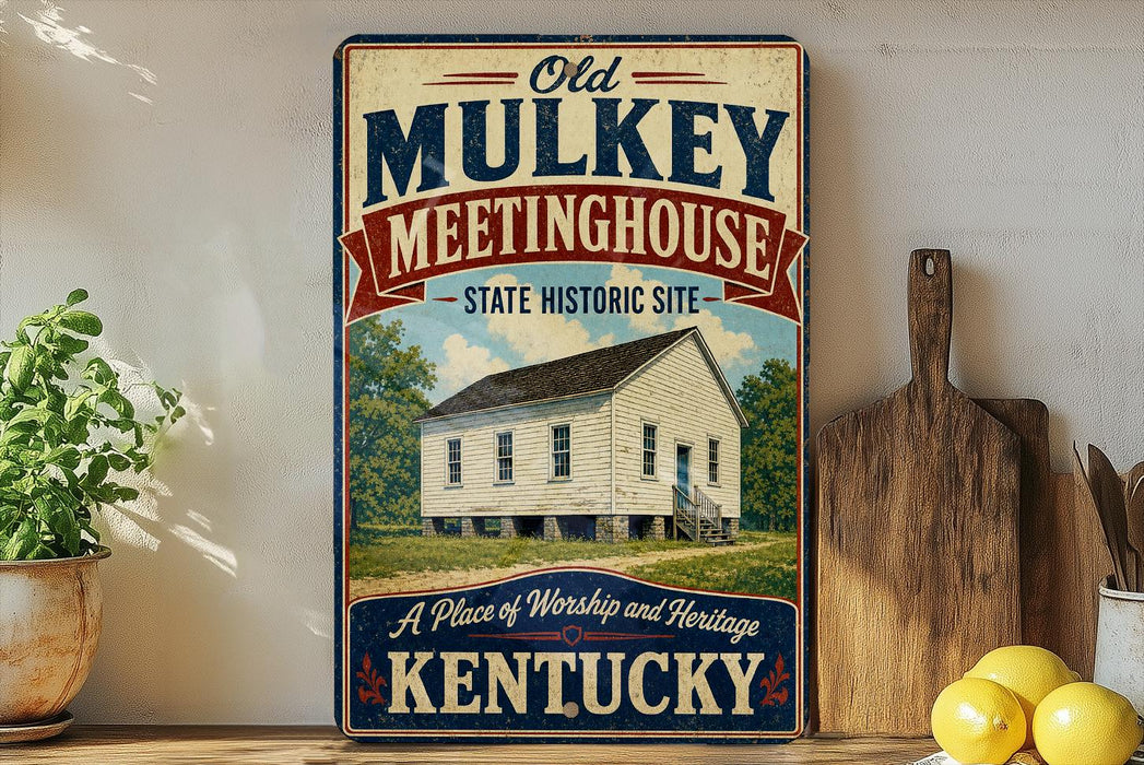 a vintage-style sign for the Old Mulkey Meetinghouse, a historic site in Kentucky.