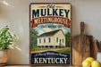 a vintage-style sign for the Old Mulkey Meetinghouse, a historic site in Kentucky.