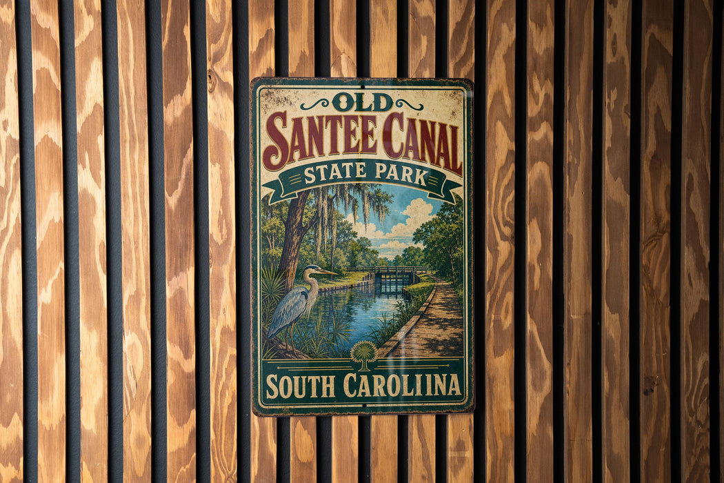 A vintage-style sign for Santee Canal State Park in South Carolina, featuring a scenic illustration of the canal surrounded by lush greenery.