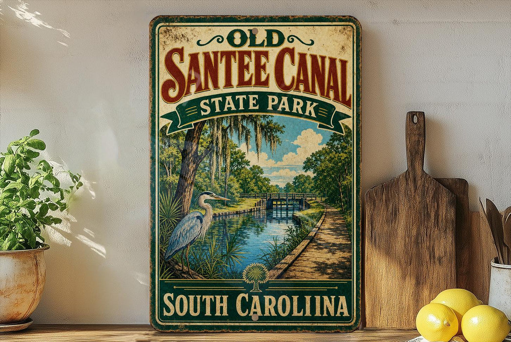 a vintage-style sign for Old Santee Canal State Park in South Carolina, with a scenic illustration of a canal, trees, and a bird.