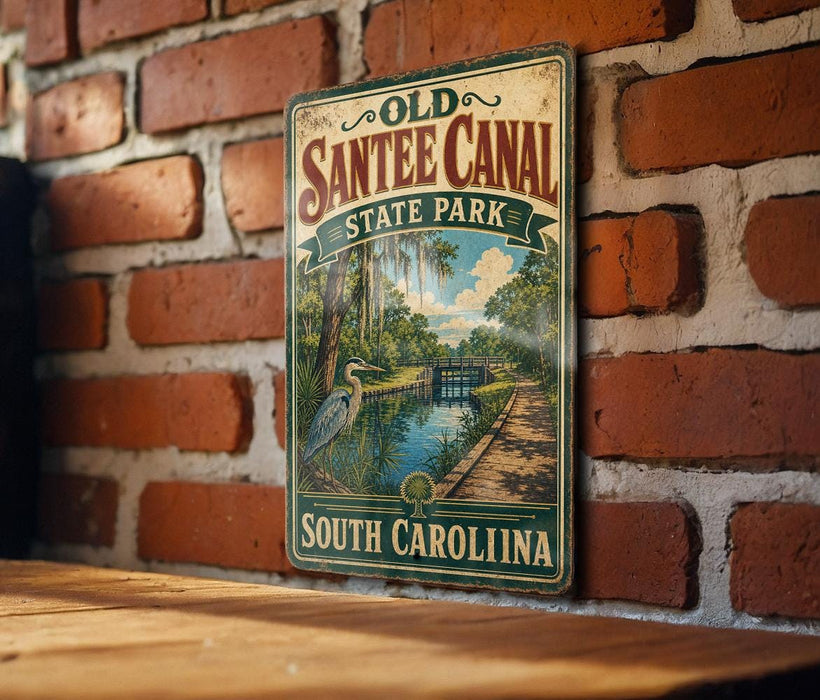 A vintage-style metal sign for the Old Santee Canal State Park in South Carolina is displayed on a brick wall.