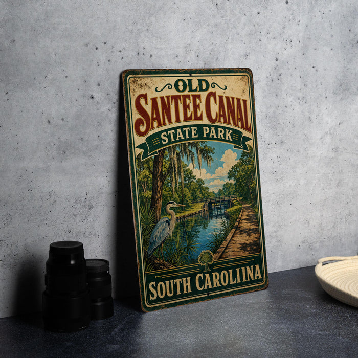 a vintage-style sign for Old Santee Canal State Park in South Carolina, with a scenic illustration of a canal and surrounding landscape.