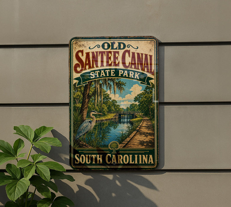 A vintage-style sign for Old Santee Canal State Park in South Carolina, featuring a scenic illustration of a canal surrounded by lush greenery.