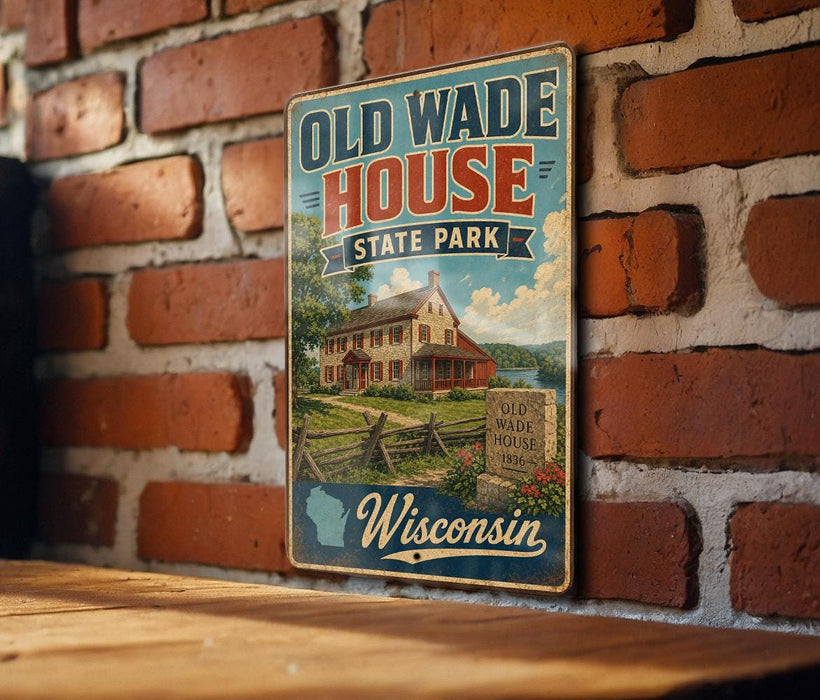 A vintage-style metal sign for Old Wade House State Park in Wisconsin, featuring an illustration of a historic house surrounded by a scenic landscape.