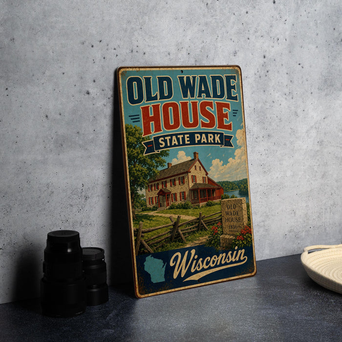 A vintage-style metal sign for Old Wade House State Park in Wisconsin, featuring an illustration of a historic house surrounded by a fenced yard.