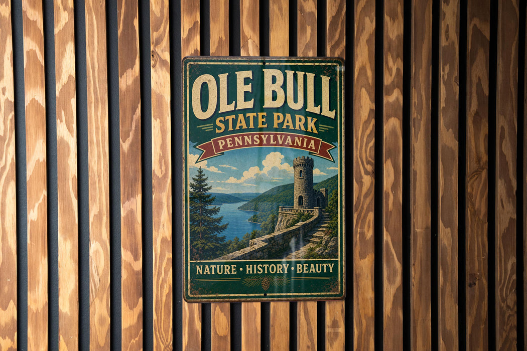 A vintage-style metal sign for Ole Bull State Park in Pennsylvania, featuring a castle and a scenic landscape.