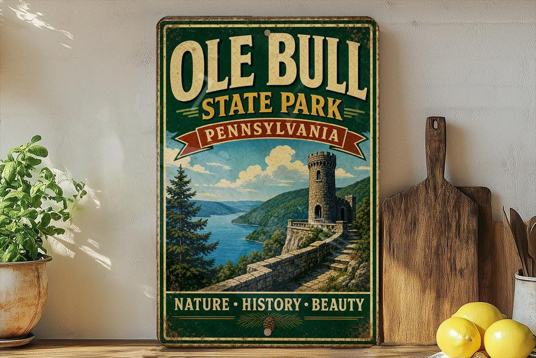 A vintage-style sign for Ole Bull State Park in Pennsylvania, featuring a castle and a scenic landscape.