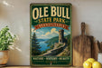 A vintage-style sign for Ole Bull State Park in Pennsylvania, featuring a castle and a scenic landscape.