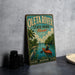 A vintage-style metal sign for Oleta River State Park, Florida, featuring a person kayaking and surrounded by palm trees and a city skyline.