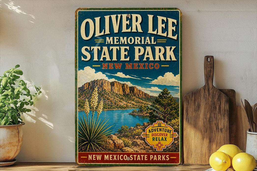 A vintage-style sign for Oliver Lee Memorial State Park in New Mexico, featuring a scenic landscape with mountains, a lake, and desert vegetation.
