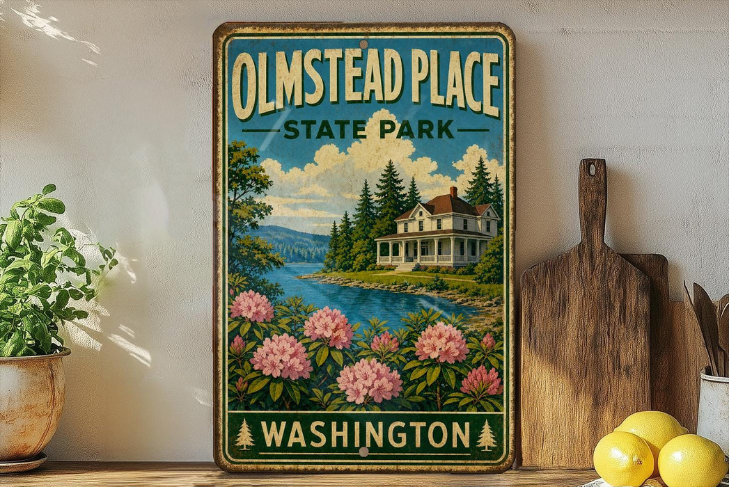 A vintage-style sign for Olmstead Place State Park in Washington, featuring a scenic landscape with a house, flowers, and a lake.