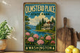 A vintage-style sign for Olmstead Place State Park in Washington, featuring a scenic landscape with a house, flowers, and a lake.