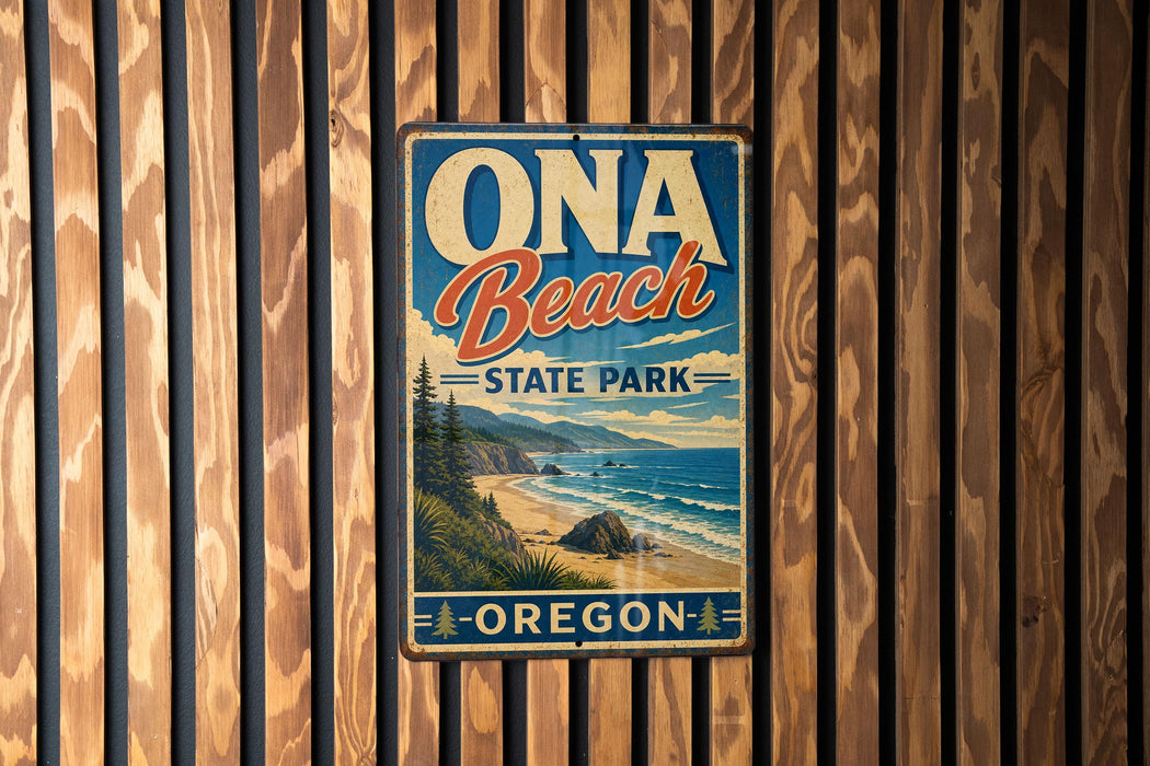 A vintage-style metal sign for Oga Beach State Park in Oregon, featuring a scenic coastal landscape with mountains, trees, and the ocean.
