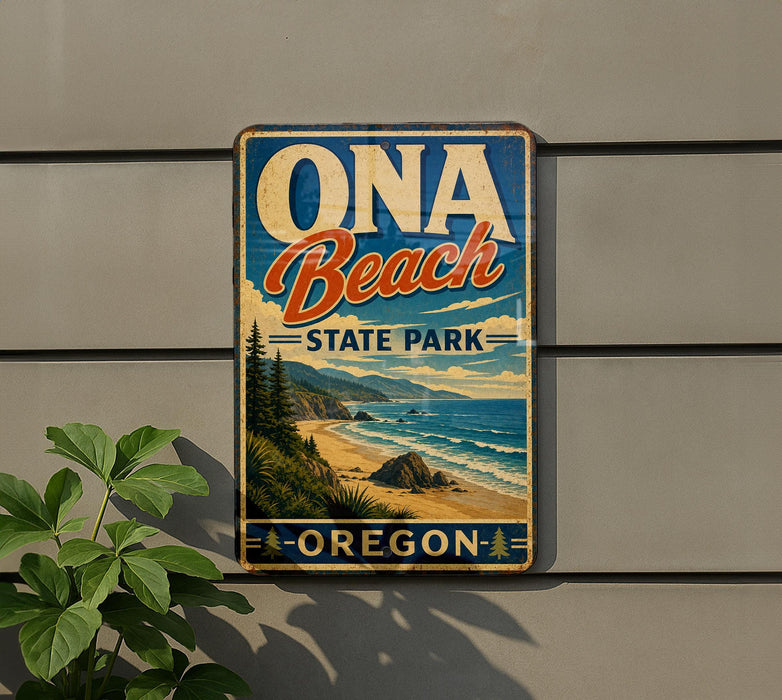 A vintage-style sign for Onda Beach State Park in Oregon, featuring a scenic beach landscape with mountains in the background.