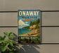 A vintage-style sign for Onaway State Park in Michigan, featuring a scenic beach landscape with a cliff and pine trees.