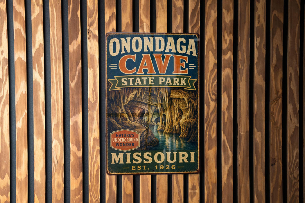 A vintage-style metal sign for Onondaga Cave State Park in Missouri, featuring an illustration of the cave and the text "Missouri" and "Est. 1926".
