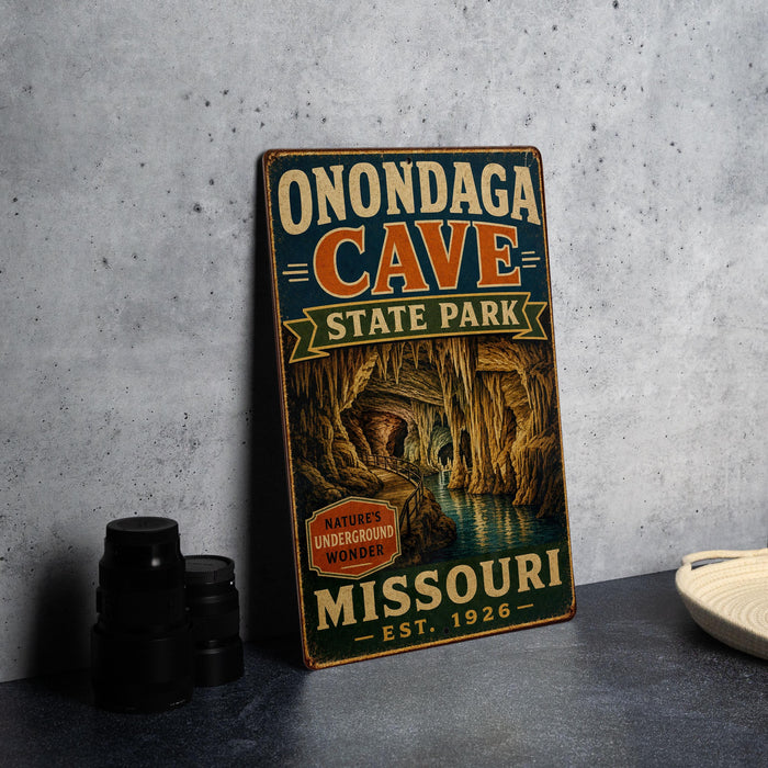 A vintage-style metal sign for Onondaga Cave State Park in Missouri, featuring an illustration of the cave and the text "Onondaga Cave State Park" and "Missouri".