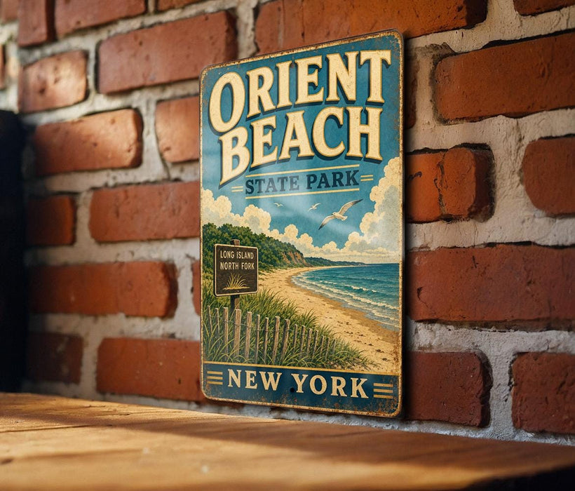 A vintage-style metal sign for Orient Beach State Park in New York, featuring a beach scene with a lighthouse and birds in the sky.