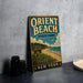 A vintage-style sign for Oriental Beach State Park in New York, featuring a beach scene with a lighthouse and birds in the sky.