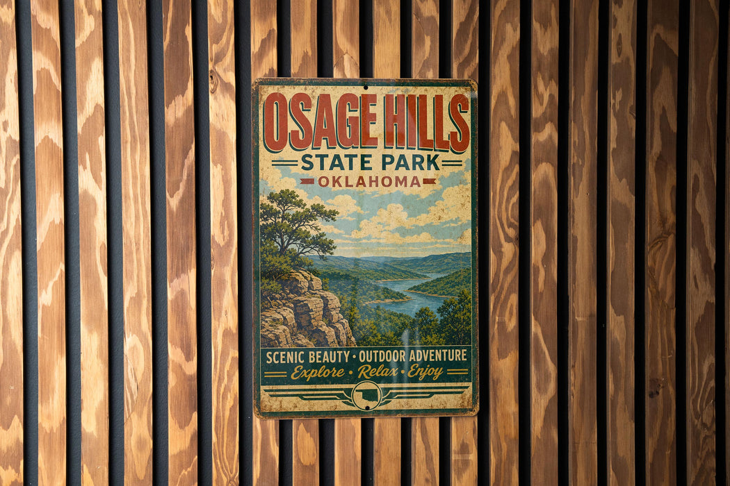 A vintage-style metal sign for Osage Hills State Park in Oklahoma, featuring a scenic landscape with a river and mountains.