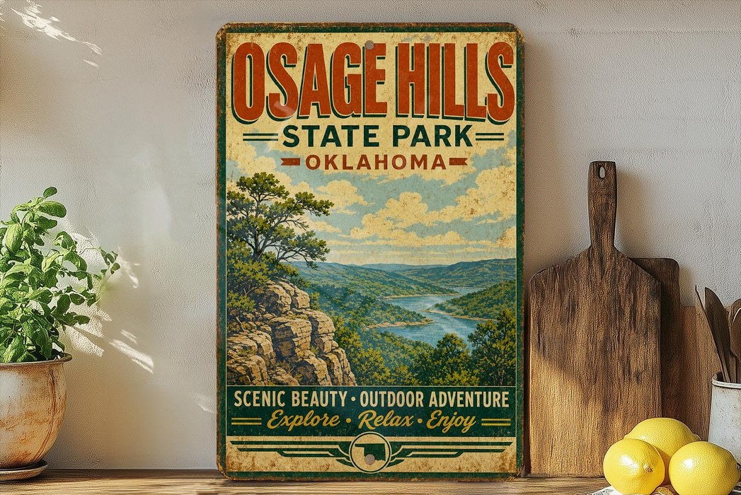 a vintage-style poster for Osage Hills State Park in Oklahoma, with a scenic mountain landscape and a river. The poster is displayed on a wall, accompanied by a wooden cutting board and a potted plant.