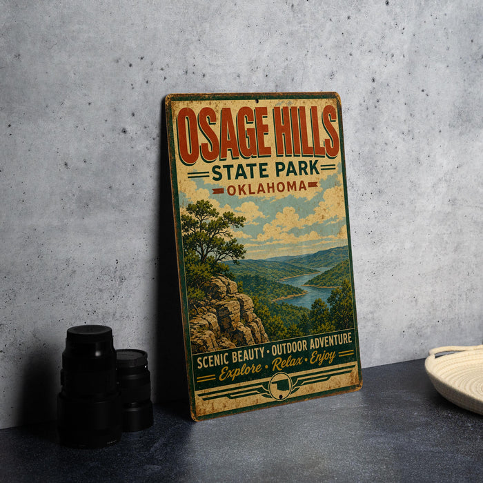 A vintage-style metal sign for Osage Hills State Park in Oklahoma, featuring a scenic landscape with a river and mountains.