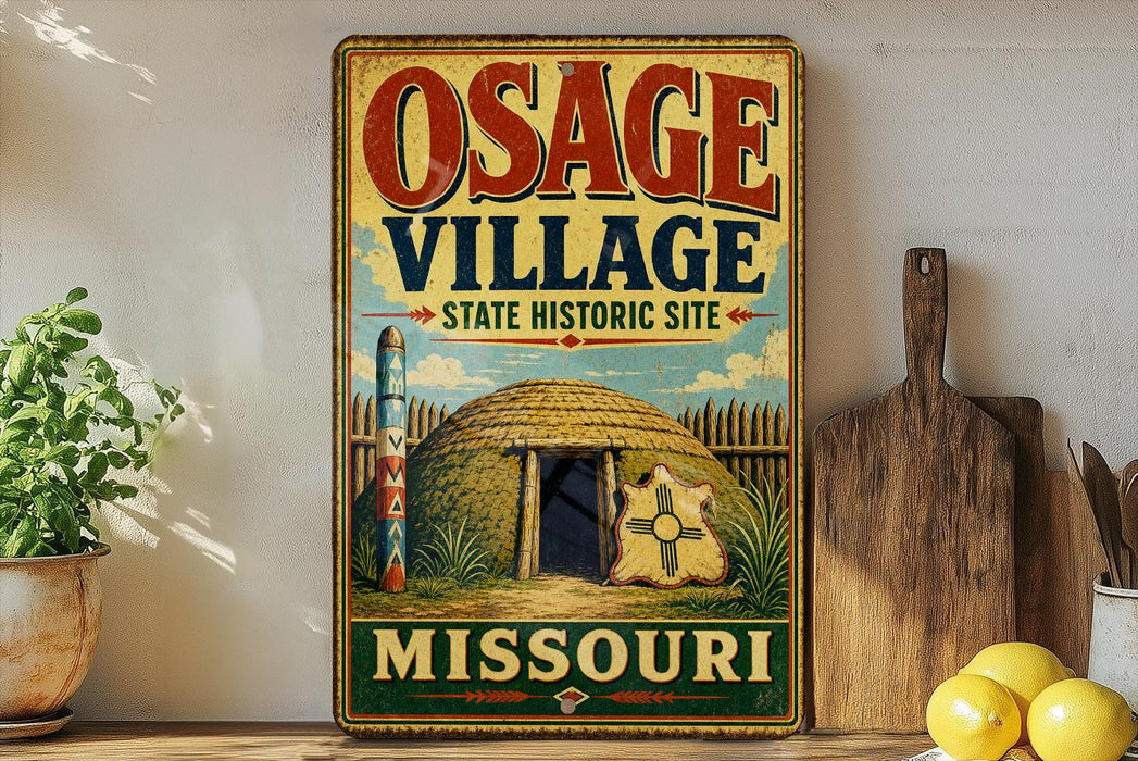 A vintage-style sign for the Osage Village State Historic Site in Missouri, featuring an illustration of a Native American teepee and the text "OSAGE VILLAGE" and "MISSOURI" prominently displayed.