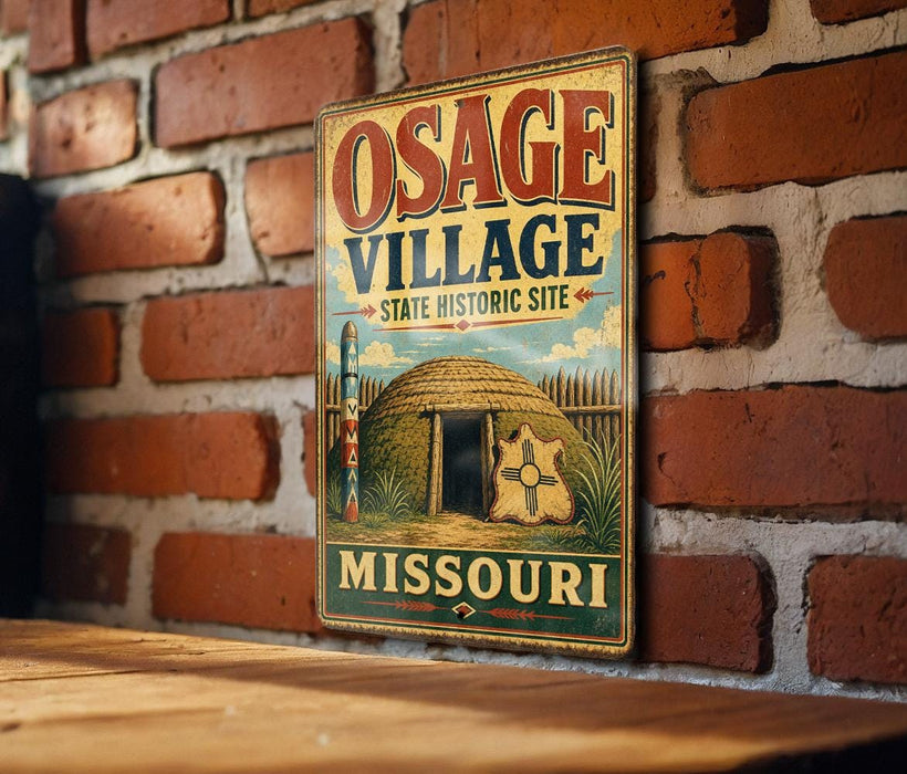 A vintage-style metal sign for the Osage Village State Historic Site in Missouri, featuring an illustration of a Native American hut and a lighthouse.