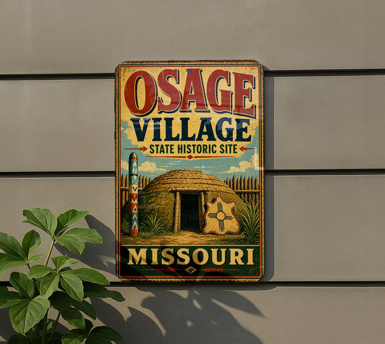 A vintage-style metal sign for the Osage Village State Historic Site in Missouri, featuring a depiction of a Native American hut and a wooden fence.