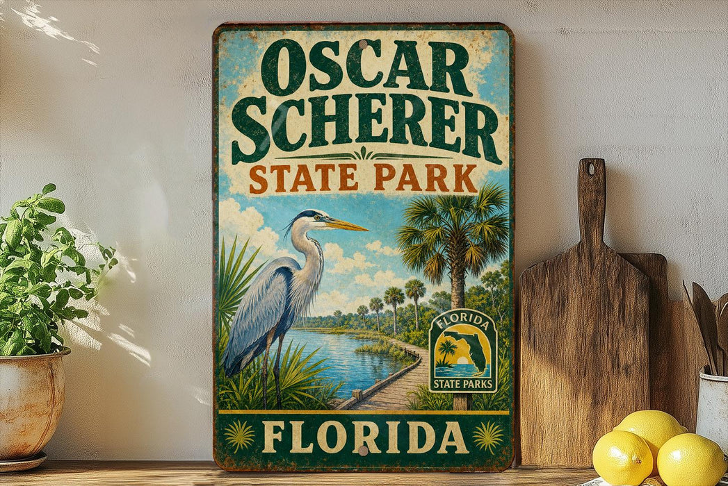 A vintage-style sign for Oscar Scherer State Park in Florida, featuring a large blue heron and palm trees, is displayed on a shelf next to a wooden cutting board and some lemons.