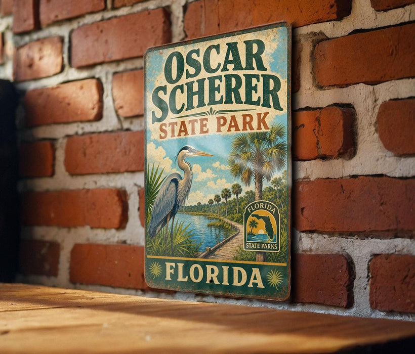 A vintage-style metal sign for Oscar Scherer State Park in Florida, featuring a blue heron and palm trees, is displayed on a brick wall.