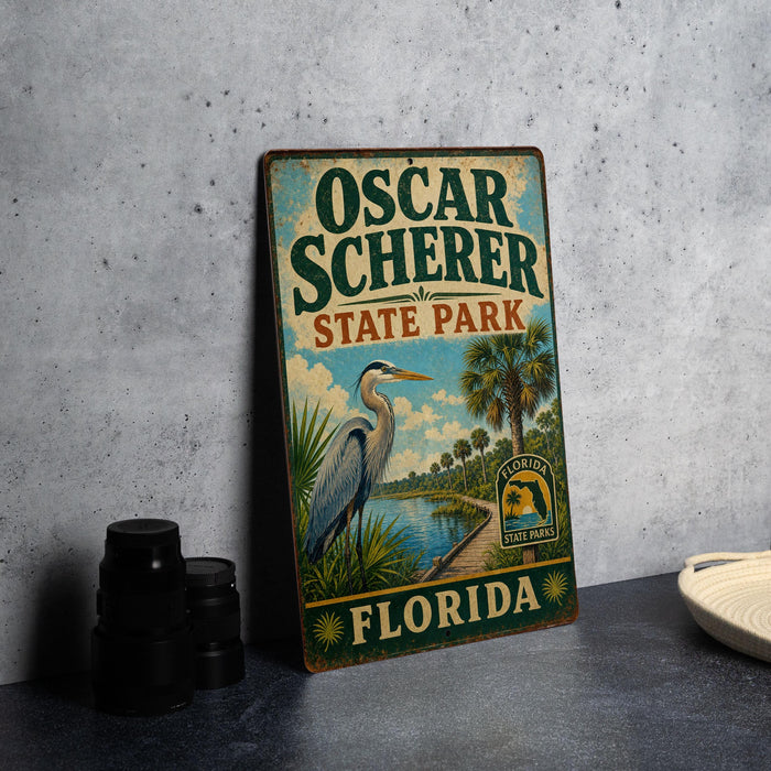 A vintage-style metal sign for Oscar Scherer State Park in Florida, featuring an illustration of a heron and palm trees.