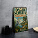 A vintage-style metal sign for Oscar Scherer State Park in Florida, featuring an illustration of a heron and palm trees.