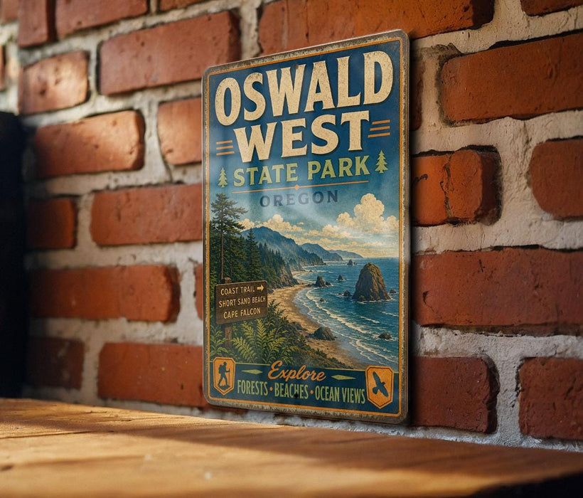A vintage-style metal sign for Oswald West State Park in Oregon, featuring a scenic coastal landscape with mountains, trees, and a beach.