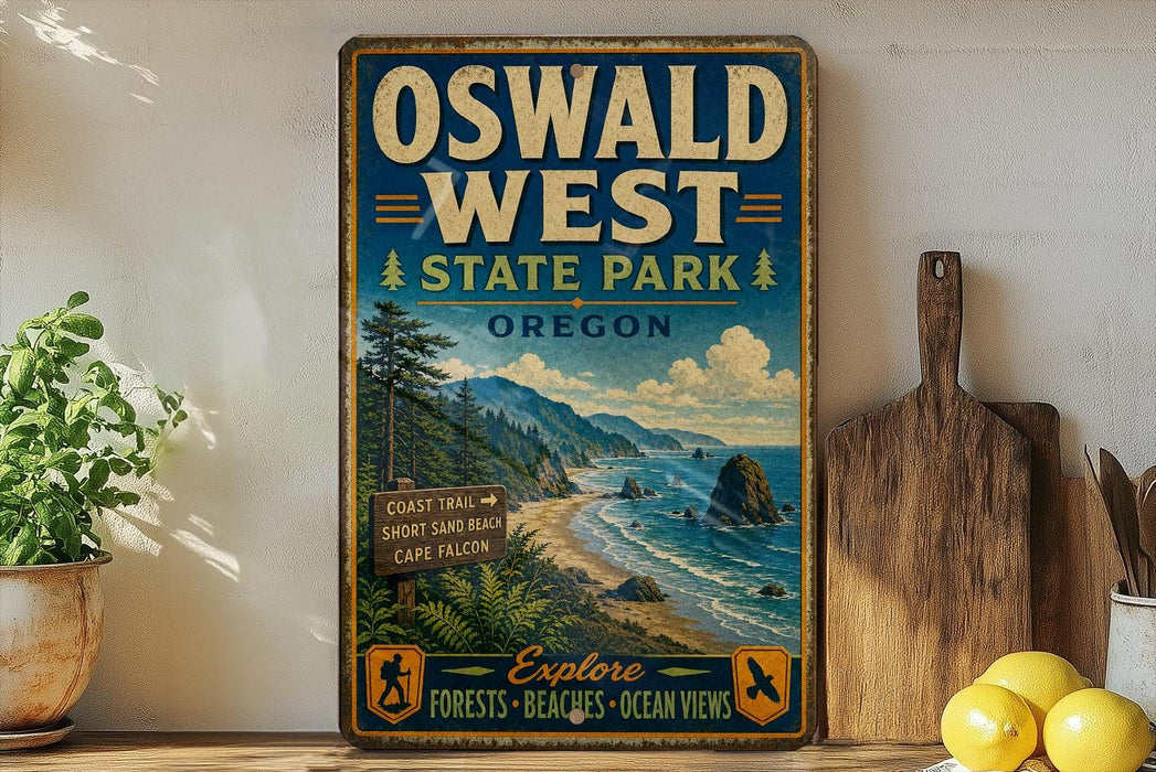 A vintage-style sign for Oswald West State Park in Oregon, featuring a scenic coastal landscape with mountains, forests, and ocean views.