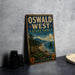 A vintage-style metal sign for Oswald West State Park in Oregon, featuring a scenic coastal landscape with mountains, forests, and a beach.