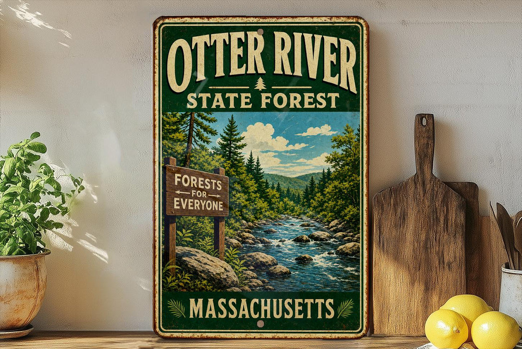 A vintage-style metal sign for Otter River State Forest in Massachusetts, featuring a scenic image of a river surrounded by pine trees and mountains.