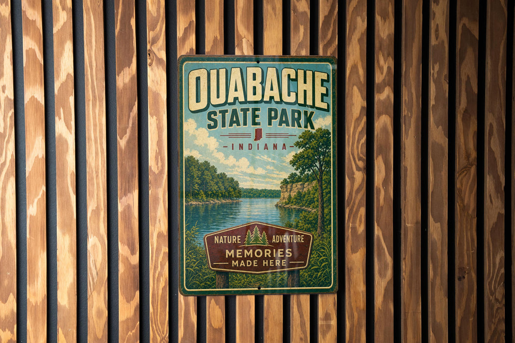 A vintage-style metal sign for Quabache State Park, Indiana, featuring a scenic landscape with a river and trees.