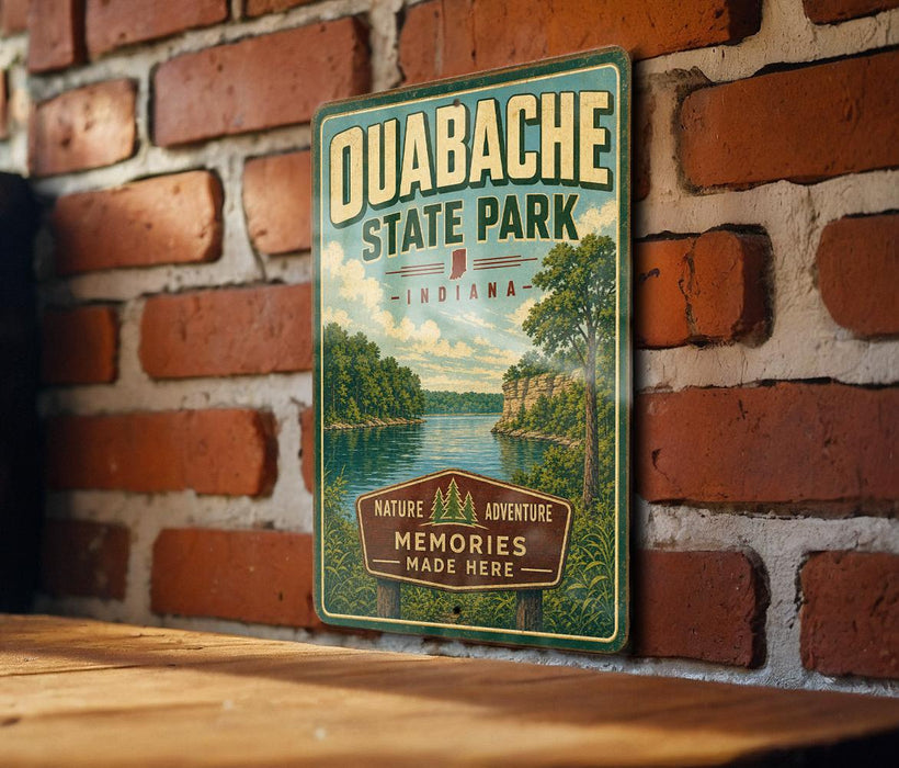 A vintage-style metal sign for Quabache State Park in Indiana, featuring a scenic landscape with a river and trees.