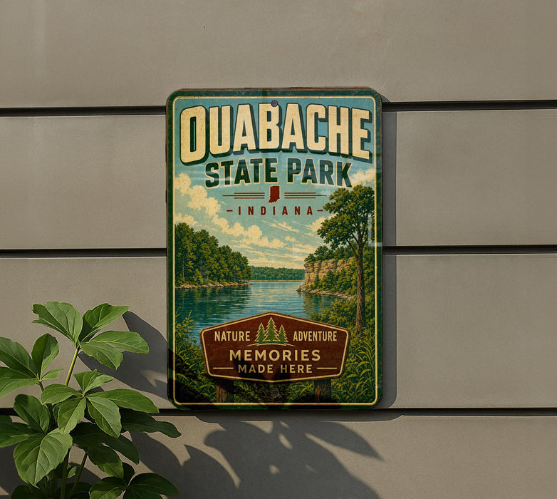 A vintage-style metal sign for Quabache State Park in Indiana, featuring a scenic landscape with a lake and trees.