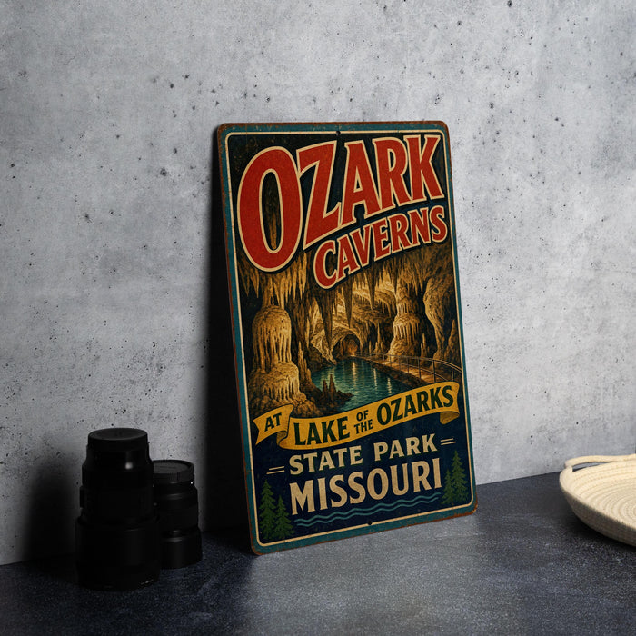 A vintage-style metal sign advertising Ozark Caves, featuring an illustration of the caves and a river, is displayed on a gray concrete surface.