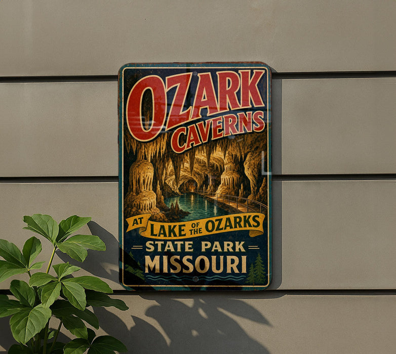A vintage-style sign for Ozark Caves, located at Lake of the Ozarks State Park in Missouri.