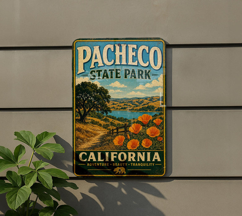 A vintage-style metal sign for Pacheco State Park in California, featuring a scenic landscape with a path, trees, and flowers.