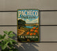 A vintage-style metal sign for Pacheco State Park in California, featuring a scenic landscape with a path, trees, and flowers.